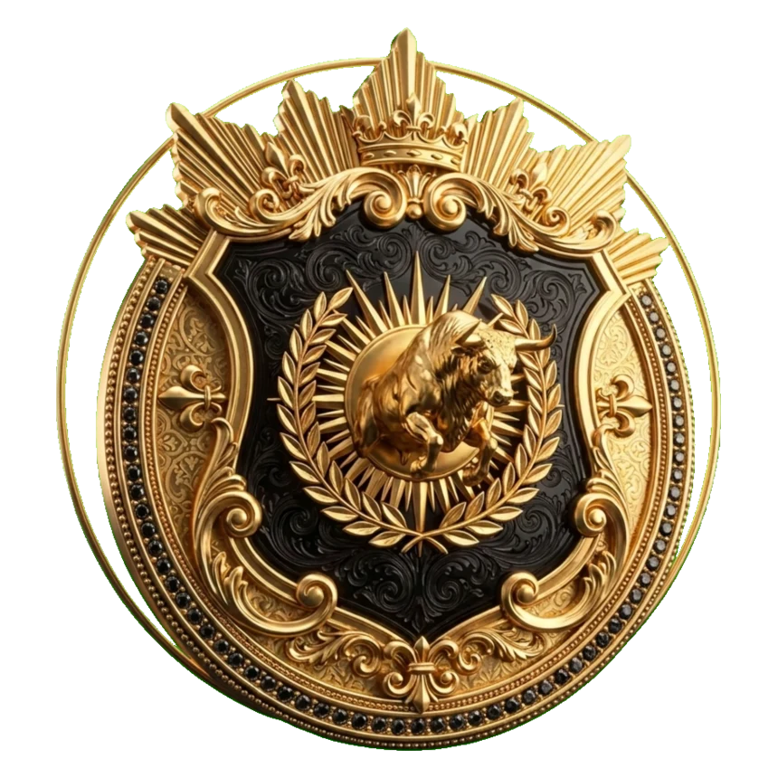 Legendary seal: a radiant crowned crest in polished gold and obsidian